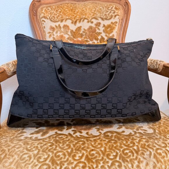St. John Black Monogram Jacquard Tote Patent Trim Designer Large Shoulder Bag - Picture 3 of 4